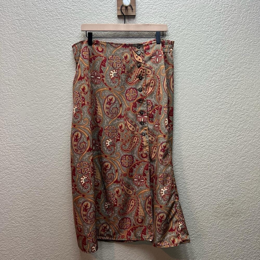 NY Sake Skirt Womens 14W Size Brown Burgundy Paisly Midi Office Career